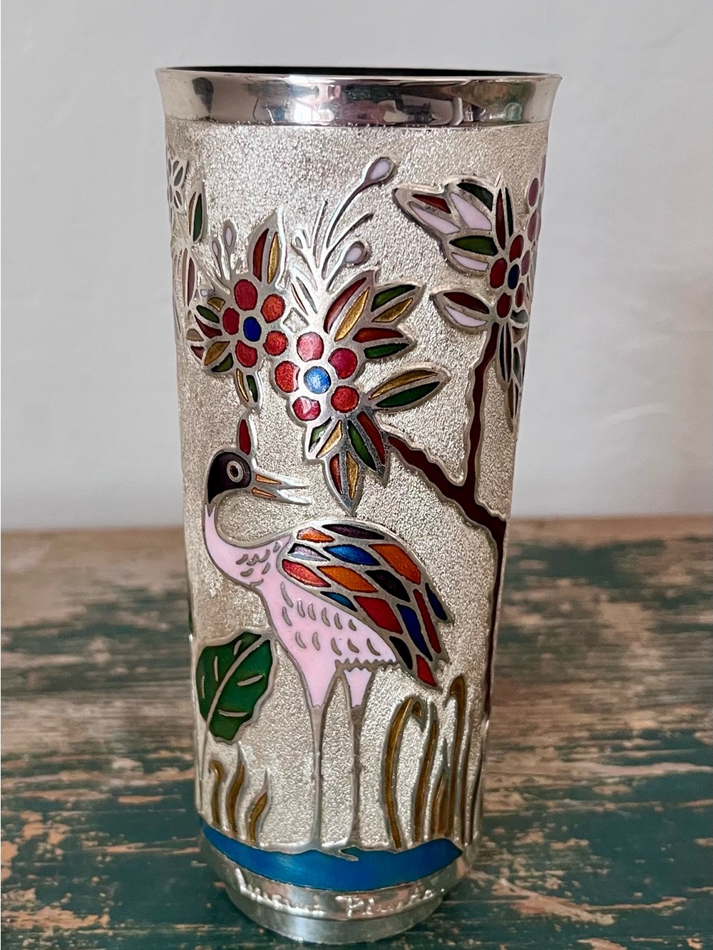 Signed Miguel Pineda enameled silver plate vase with bird scene. Circa 1950-1960
